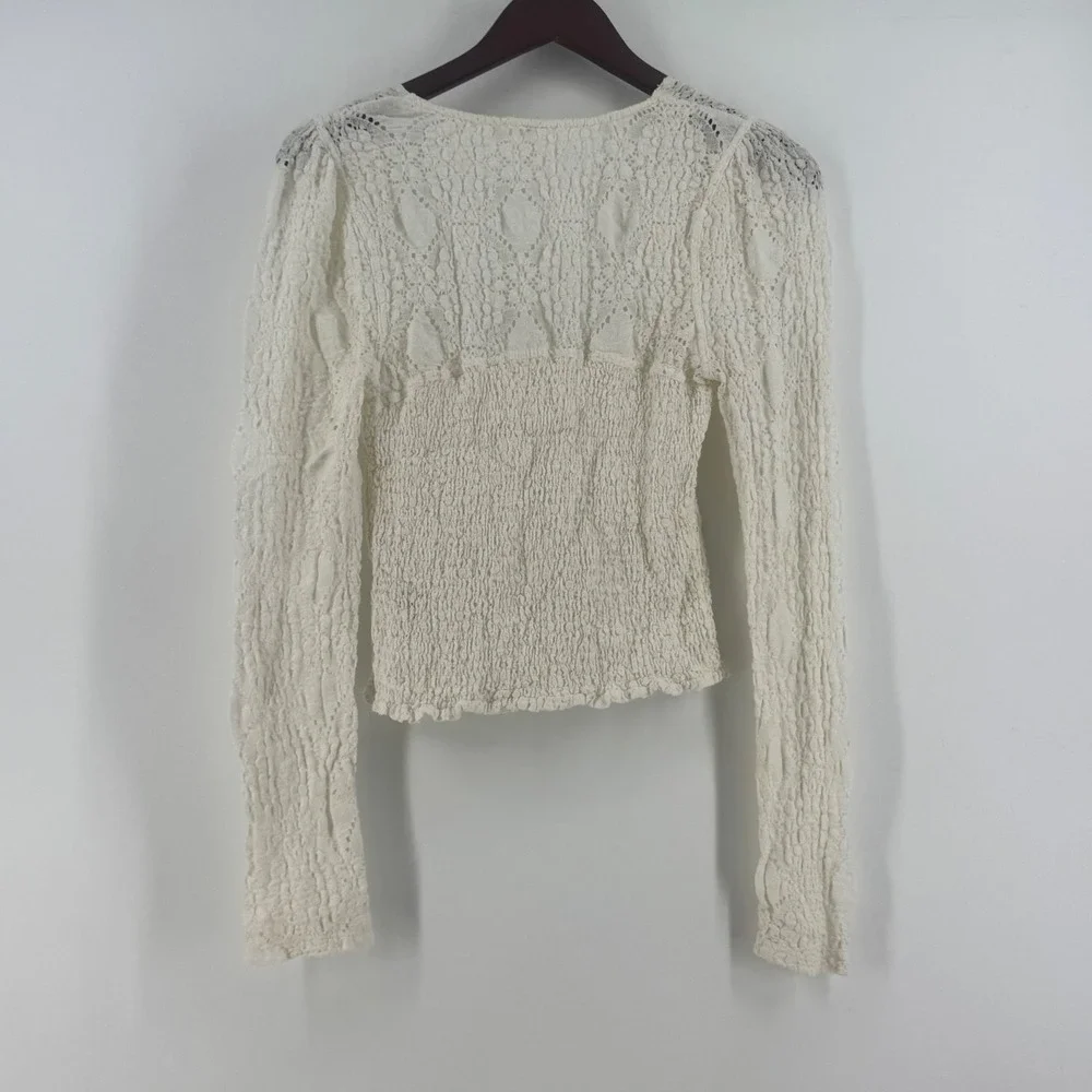 Free People Ivory Smocked Lace Long Sleeve Henley Top Scoop Neck Cream Size M